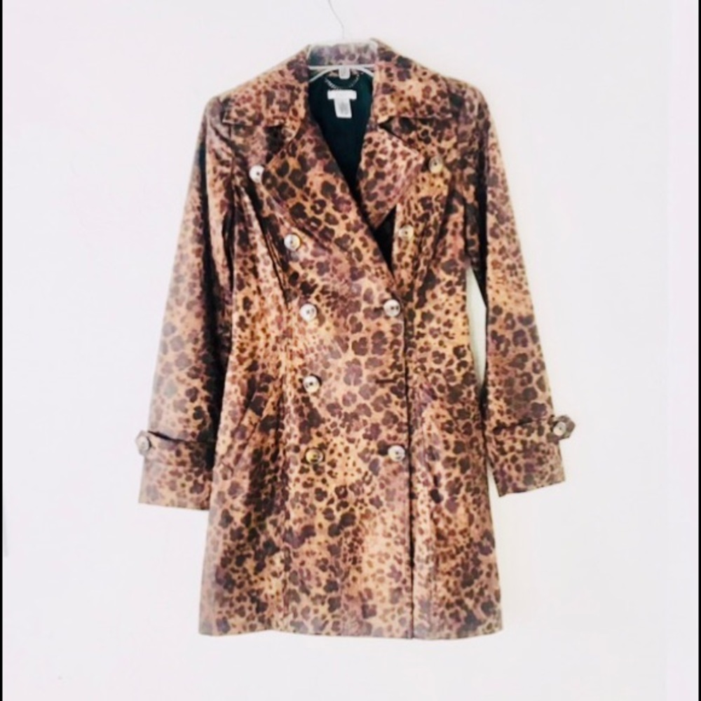Vintage Y2K Cache Leopard Print Belted  Waxed Trench Coat